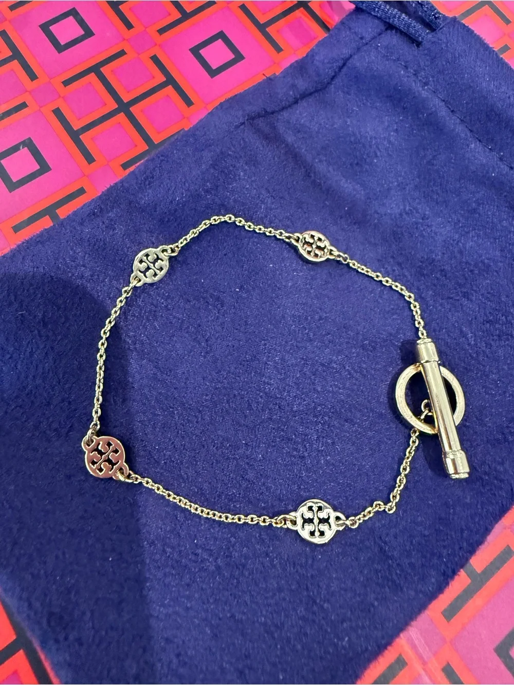 TORY BURCH Logo Station Toggle Chain Bracelet in 18k Gold Plate